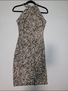 Xscape USA Cocktail Party Dress Gold Metallic Halter Sparkle Sequin Animal, 6